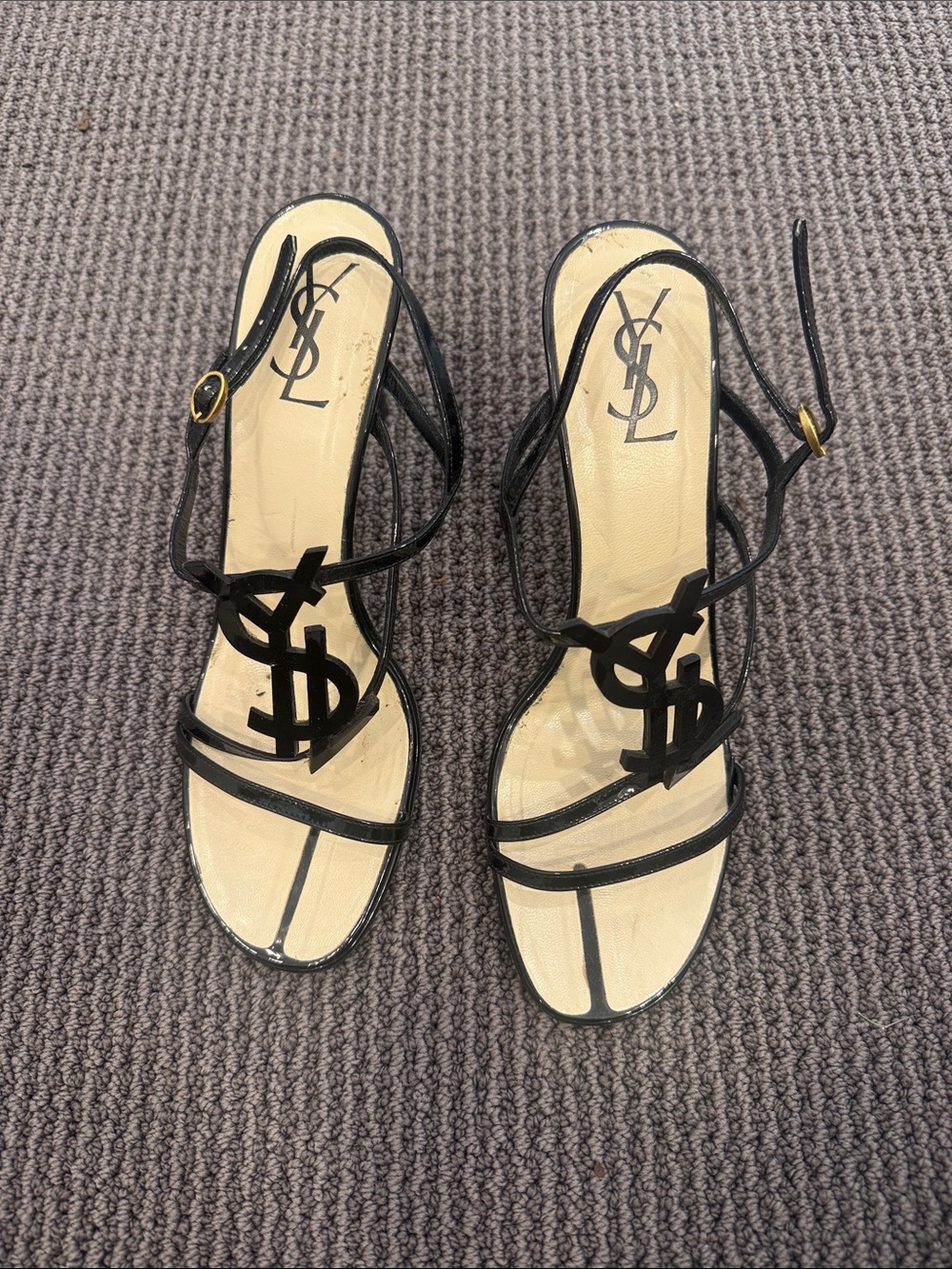 Saint Laurent Black Patent YSL Logo Strappy Heels - Picture 1 of 3